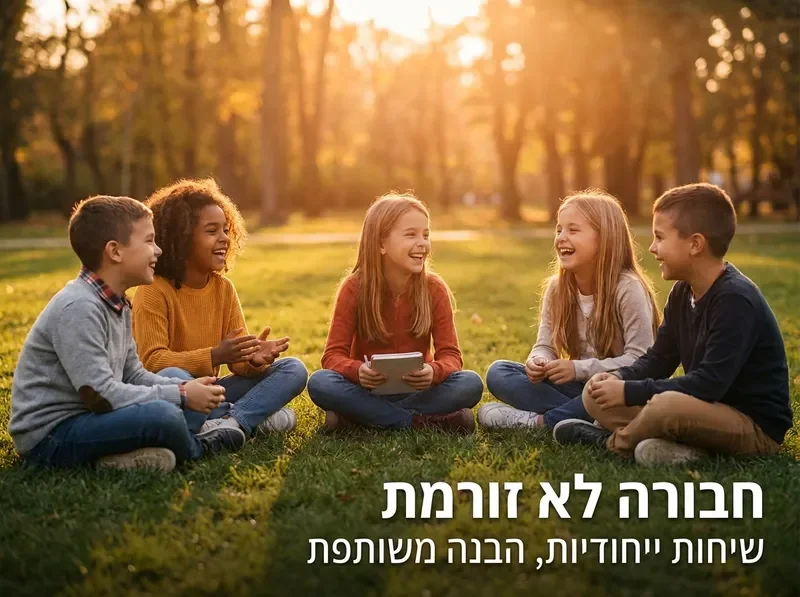 חמישה חברים יושבים במעגל על הדשא וצוחקים בשקיעה